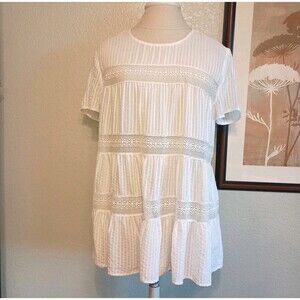 Ann Taylor Women's Med Tiered Lace Blouse Cotton Top White Cottagecore